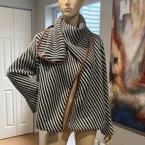 Chic Black and White Striped Jacket with Brown  leather Trim